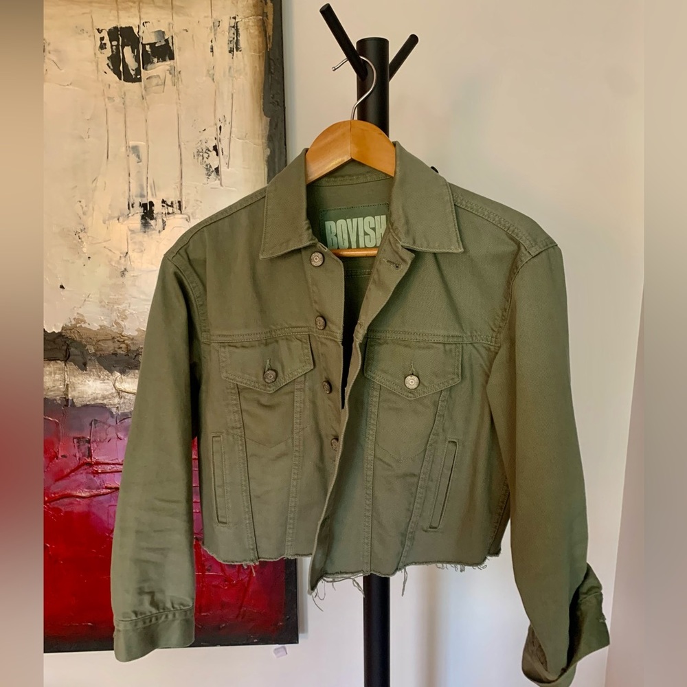 Army green cropped, slightly oversized denim jacket